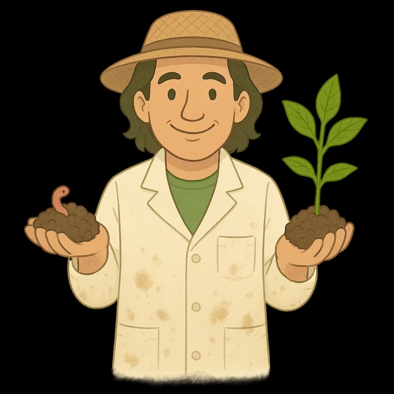 Ilustración de un jardinero con bata sucia y gorro de paja sosteniendo una planta en una mano y un poco de compost con lombrices en la otra