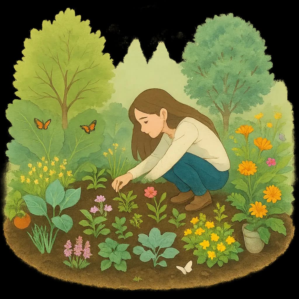 Ilustración de una mujer arrodillada en un jardín biodiverso