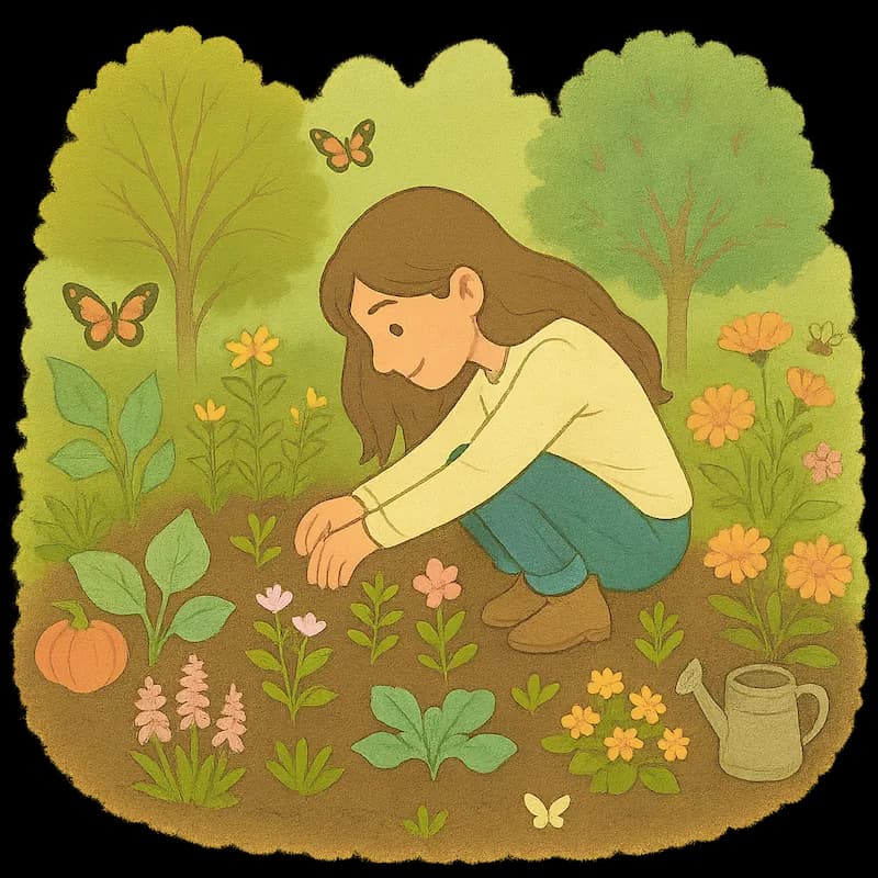 Ilustración de una mujer arrodillada en un jardín biodiverso