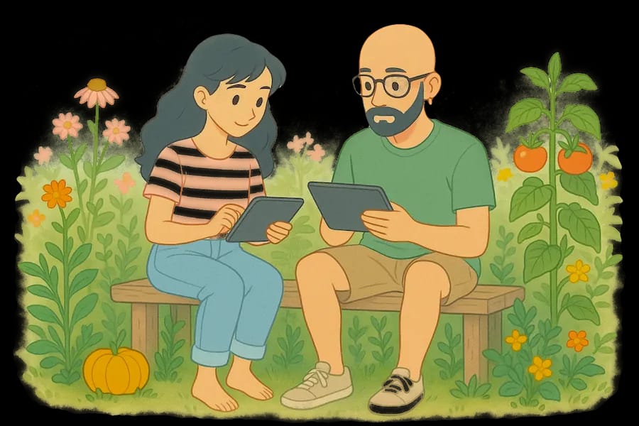 Ilustración de un chico y una chica consultando información sobre plantas en un precioso jardín