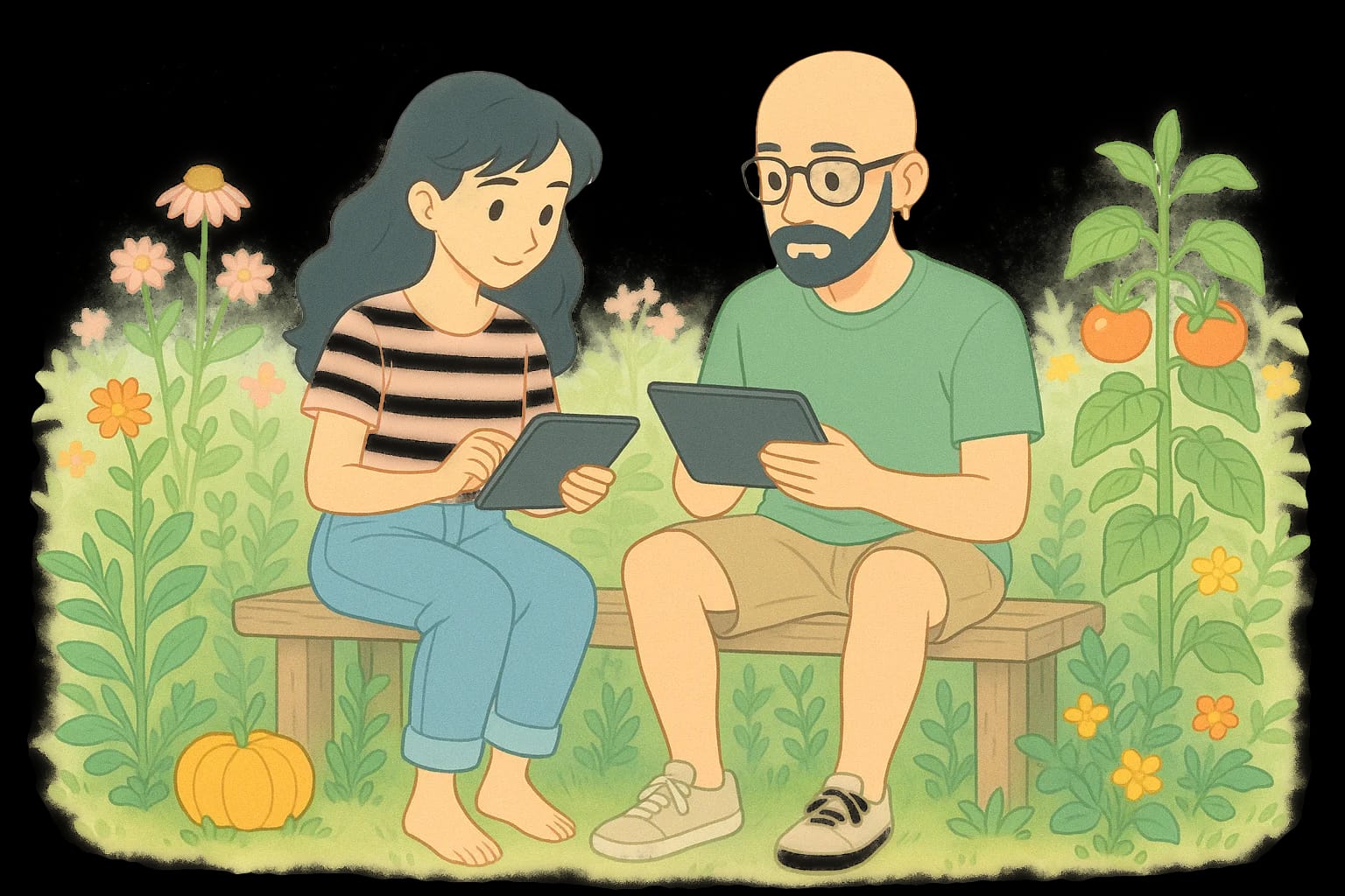 Ilustración de un chico y una chica consultando información sobre plantas en un precioso jardín